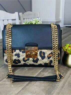 Michael Kors Brandi Medium Saffiano Leather Shoulder Bag Leopard Print MK Logo